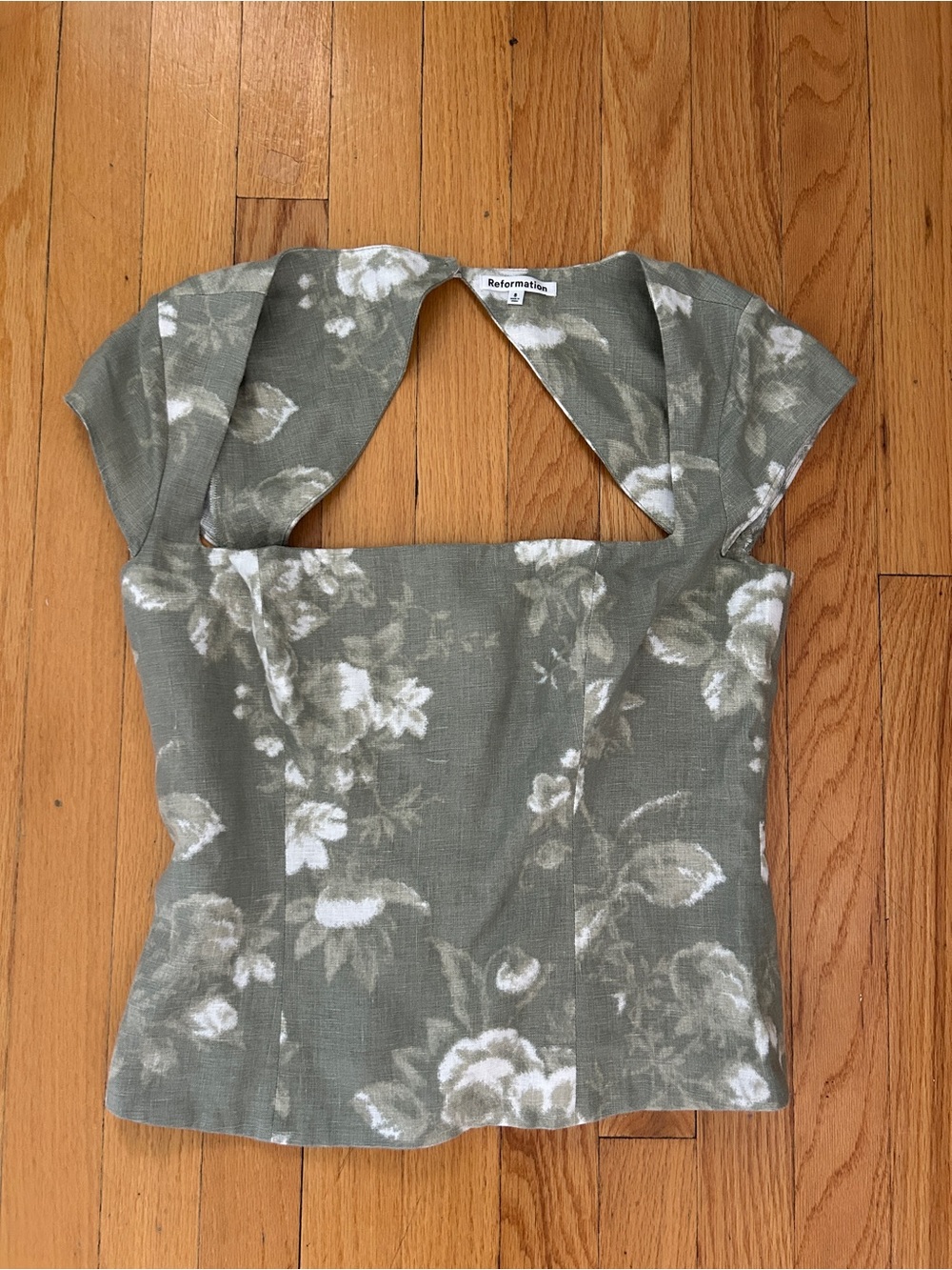 Reformation Olive Green Floral Cutout Square-Neck Top